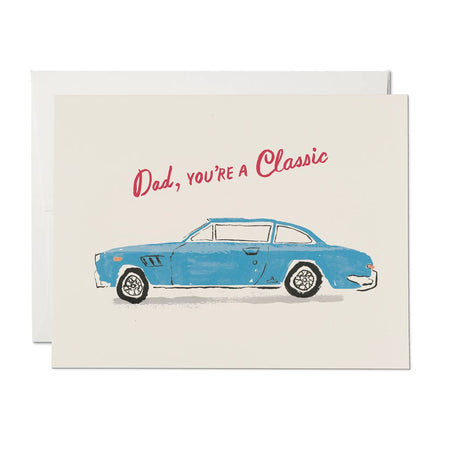 Greeting card with a blue car illustration and text 'Dad, you're a classic' on a white background