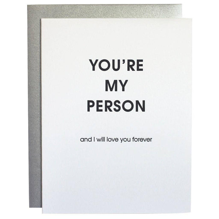 Greeting card with text 'You're my person and I will love you forever' on a white background.