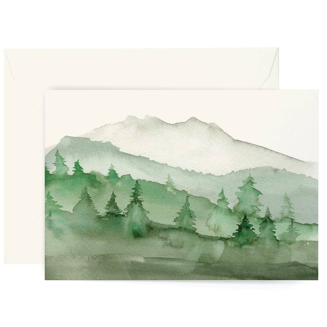 Watercolor landscape with trees and mountains on a card with an envelope.
