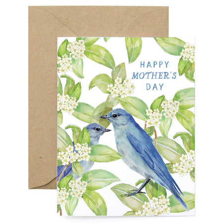 Greeting card with blue birds and floral design, featuring 'Happy Mother's Day' text.