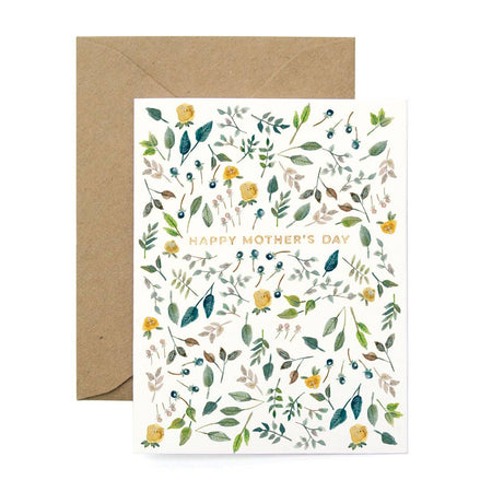 Greeting card with floral design and 'Happy Mother's Day' text, featuring a brown envelope.