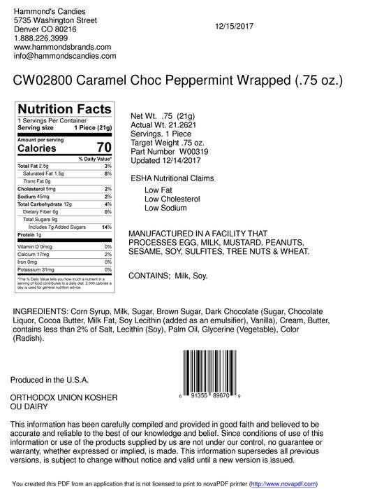 Handmade Caramels - Chocolate Peppermint - 80 Pc Display Tub