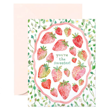 Card with strawberry pattern and 'you're the sweetest' text on a white background