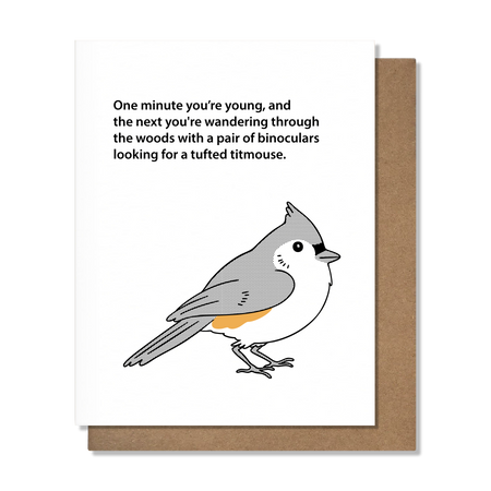 Card with a bird illustration and humorous text on a white background with brown border