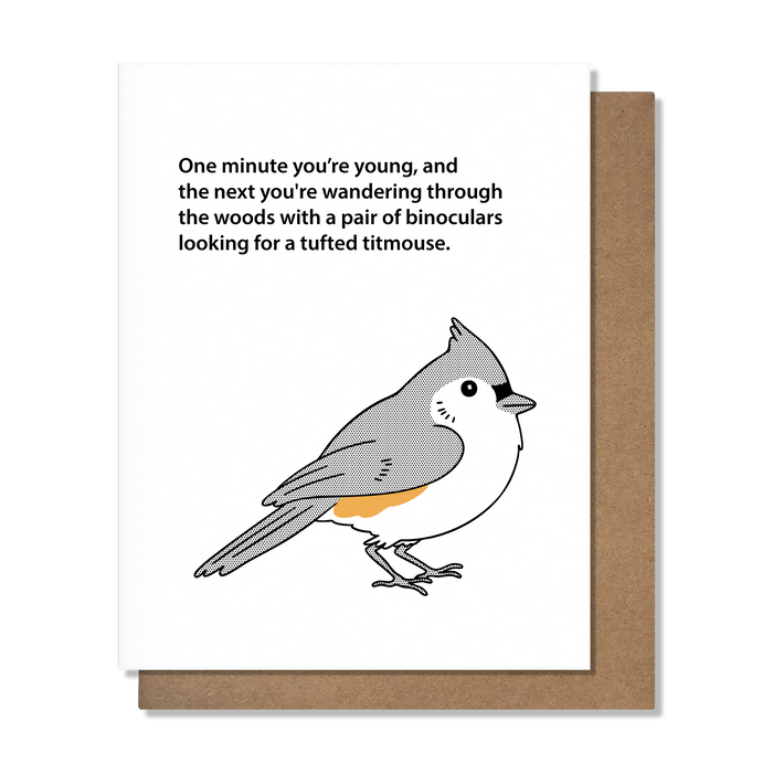 Card with a bird illustration and humorous text on a white background with brown border