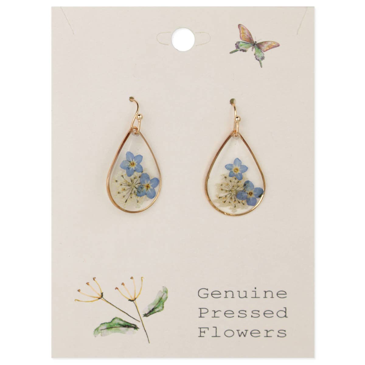 Teardrop-shaped earrings with pressed flowers on a card labeled 'Genuine Pressed Flowers'.