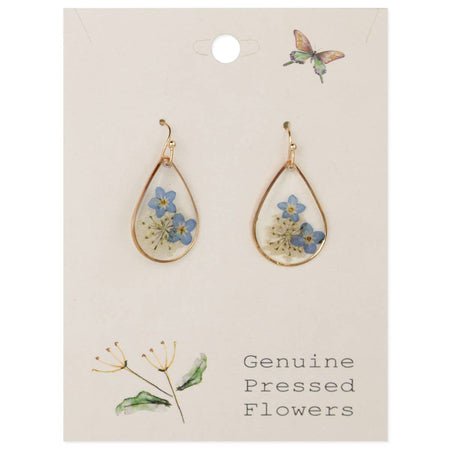 Teardrop-shaped earrings with pressed flowers on a card labeled 'Genuine Pressed Flowers'.
