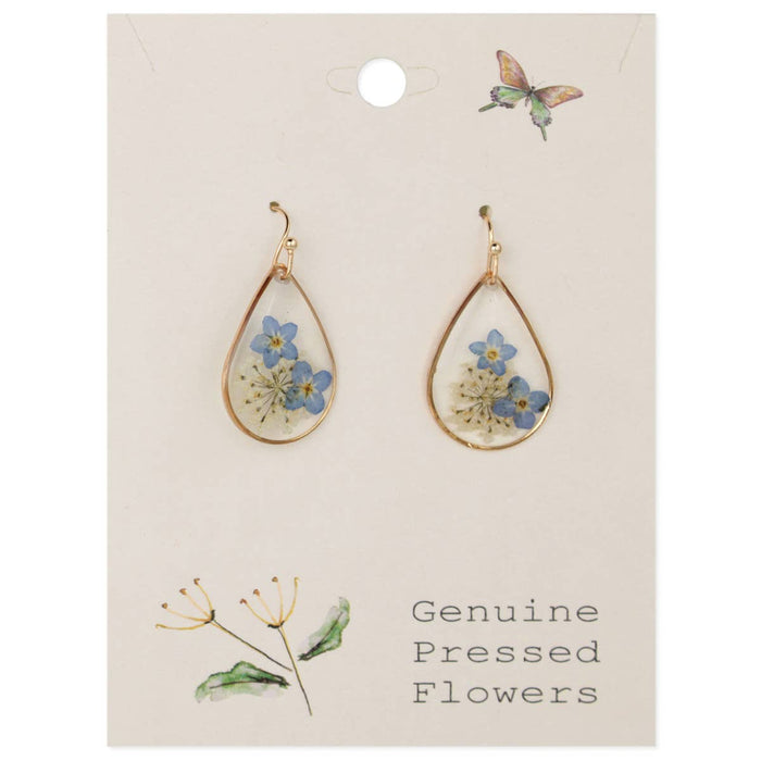 Teardrop-shaped earrings with pressed flowers on a card labeled 'Genuine Pressed Flowers'.
