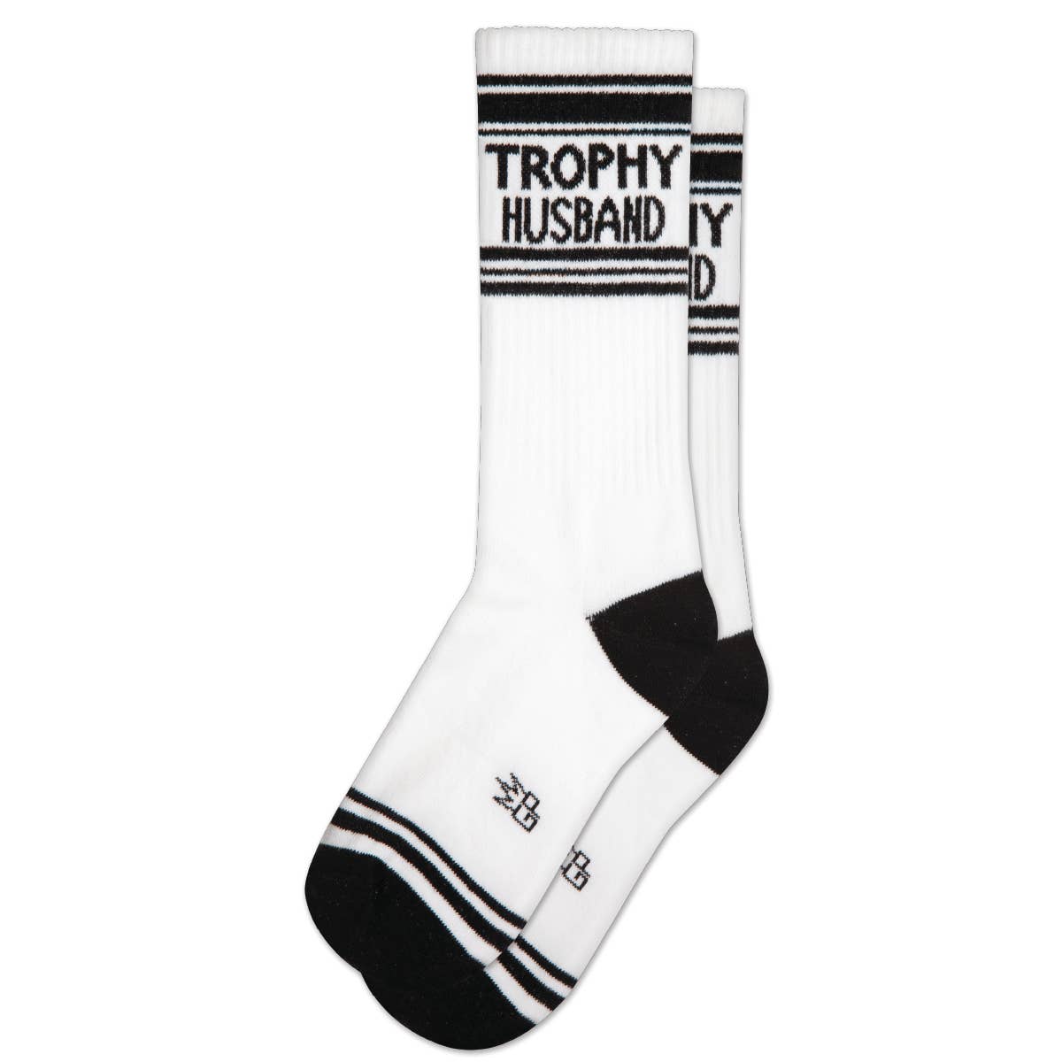 White sock with black text and stripes on a white background