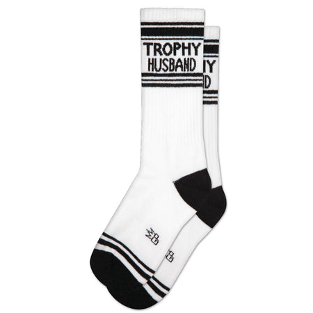 White sock with black text and stripes on a white background