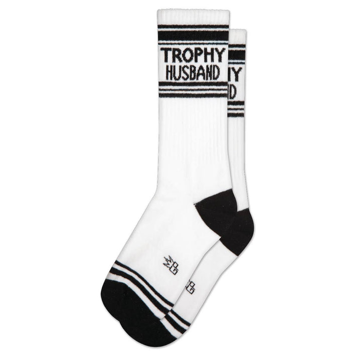 White sock with black text and stripes on a white background