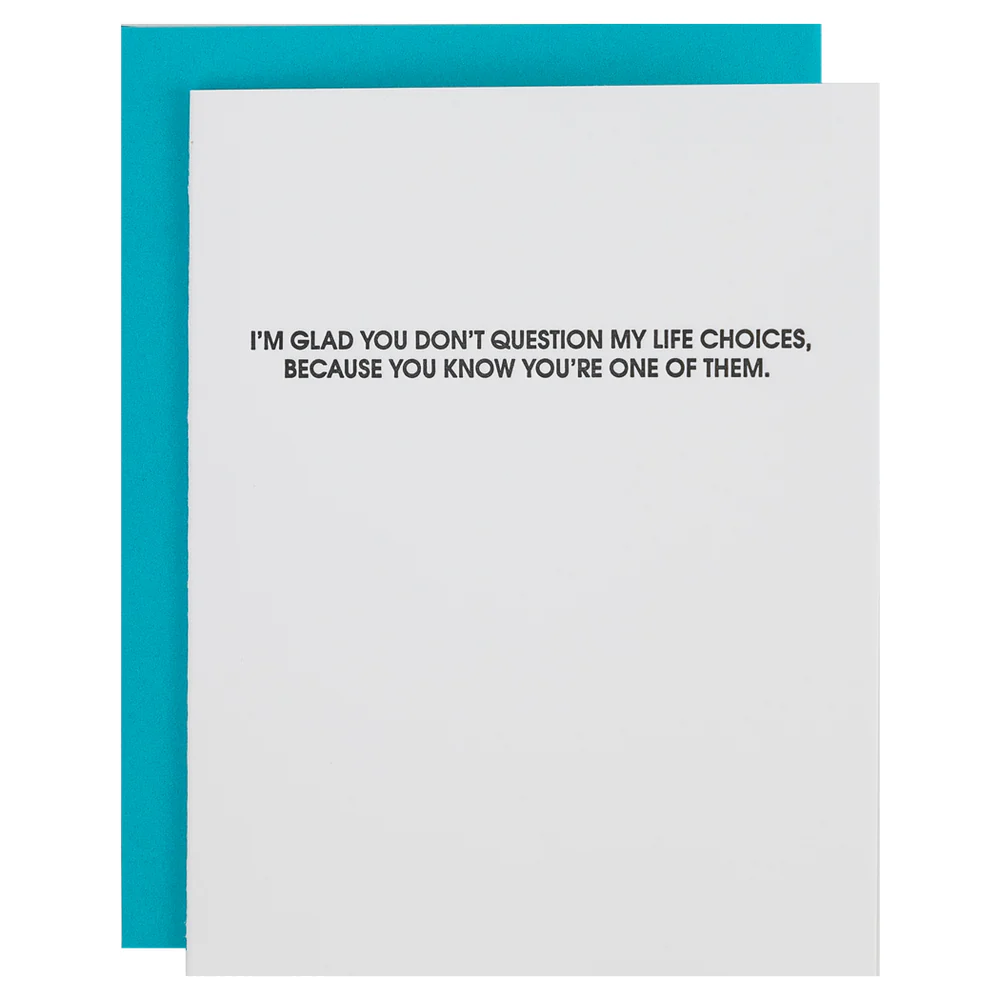 Card with humorous text on a white background with teal envelope