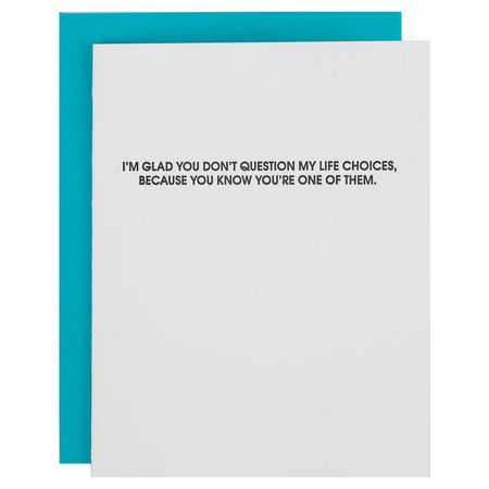 Card with humorous text on a white background with teal envelope