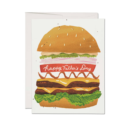 Father's Day card with a large illustration of a hamburger on a white background