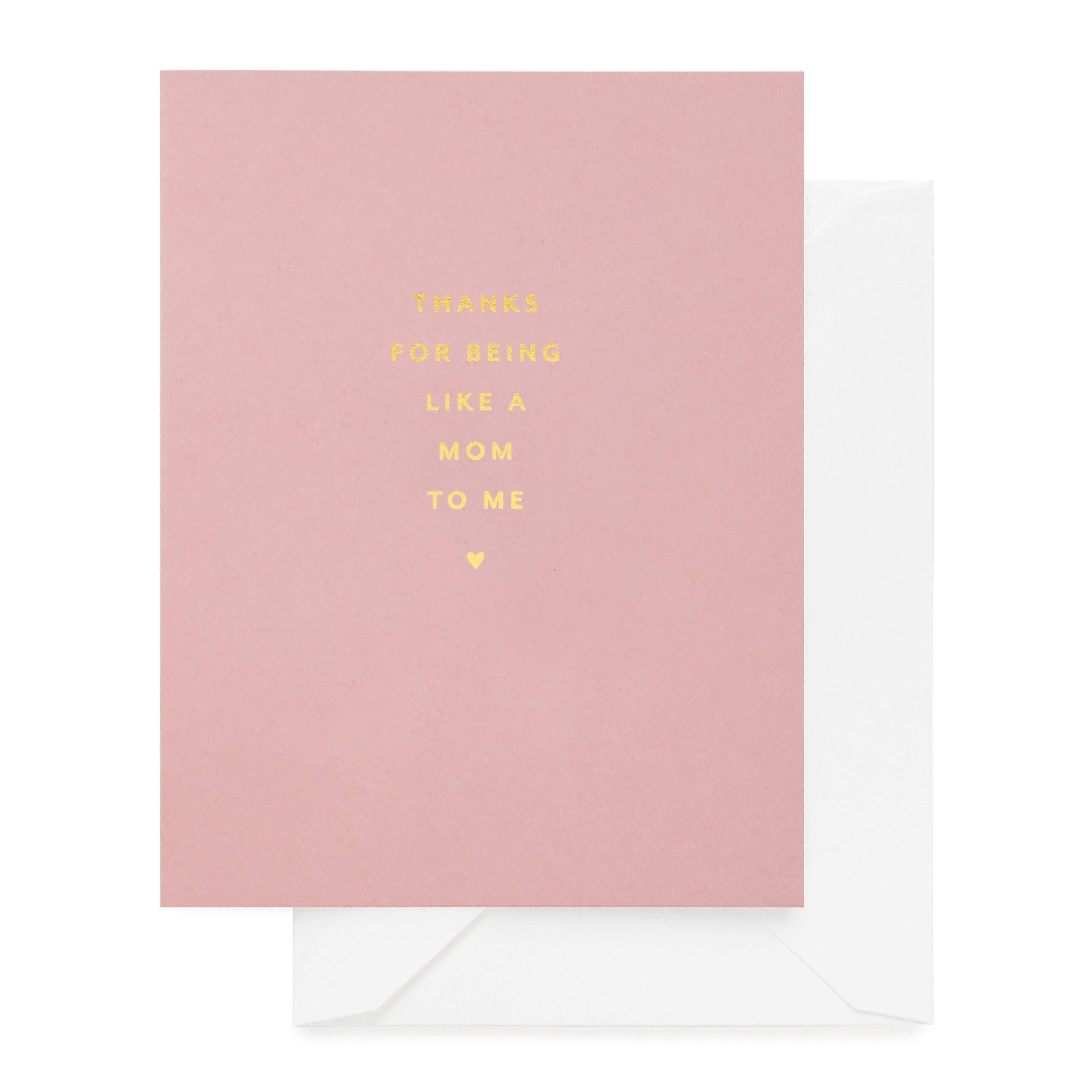 Pink card with gold text 'Thanks for being like a mom to me' on a white background