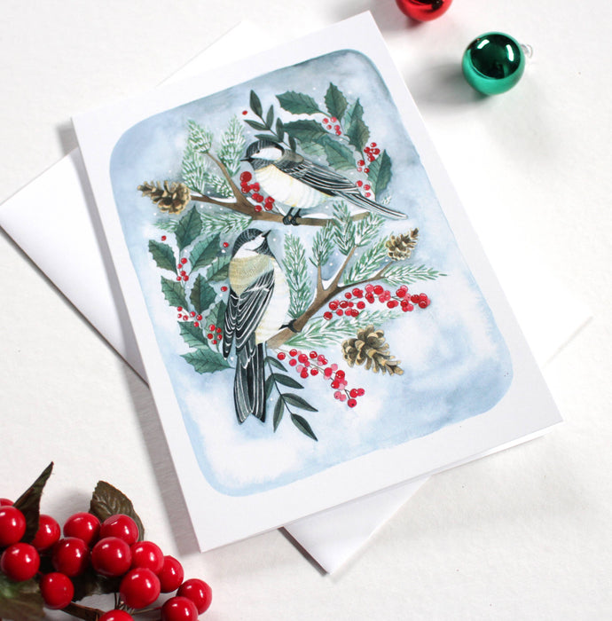 Holiday Card- Two Christmas Chickadees