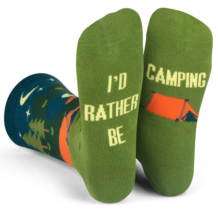 Green socks with 'I'd Rather Be Camping' text and camping-themed graphics on a white background