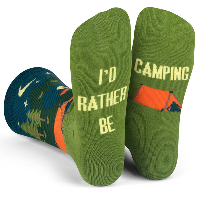 Green socks with 'I'd Rather Be Camping' text and camping-themed graphics on a white background