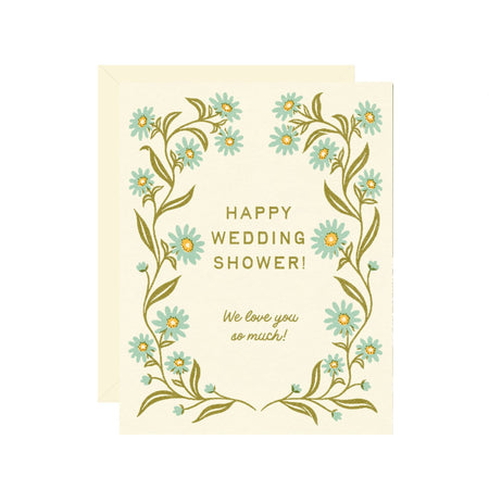 Wedding shower card with floral design and text on a white background