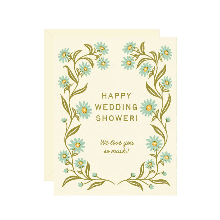 Wedding shower card with floral design and text on a white background