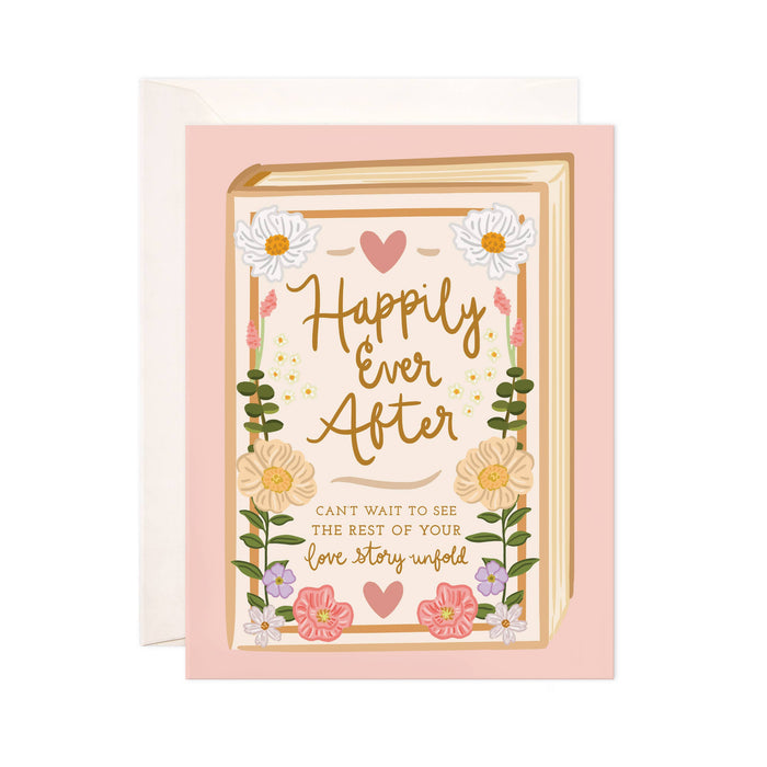 Greeting card with 'Happily Ever After' text and floral design on a pink background