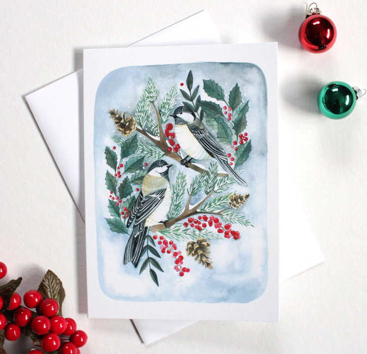 Holiday Card- Two Christmas Chickadees