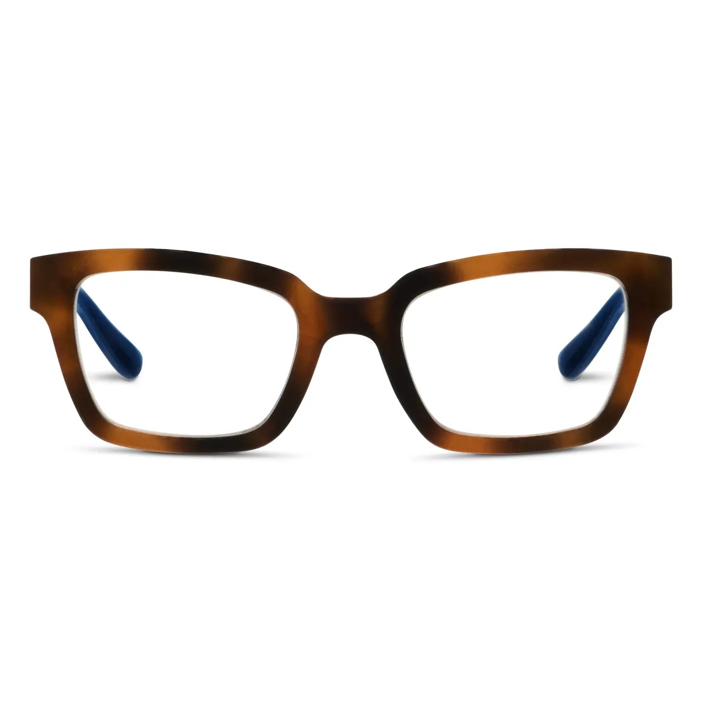 Rectangular eyeglasses with a brown and black tortoiseshell frame and blue temple tips, shown against a plain white background.