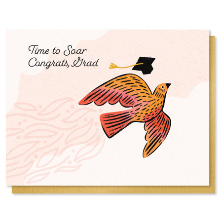 Graduation card with a bird illustration and 'Time to Soar Congrats, Grad' text on a pink background.