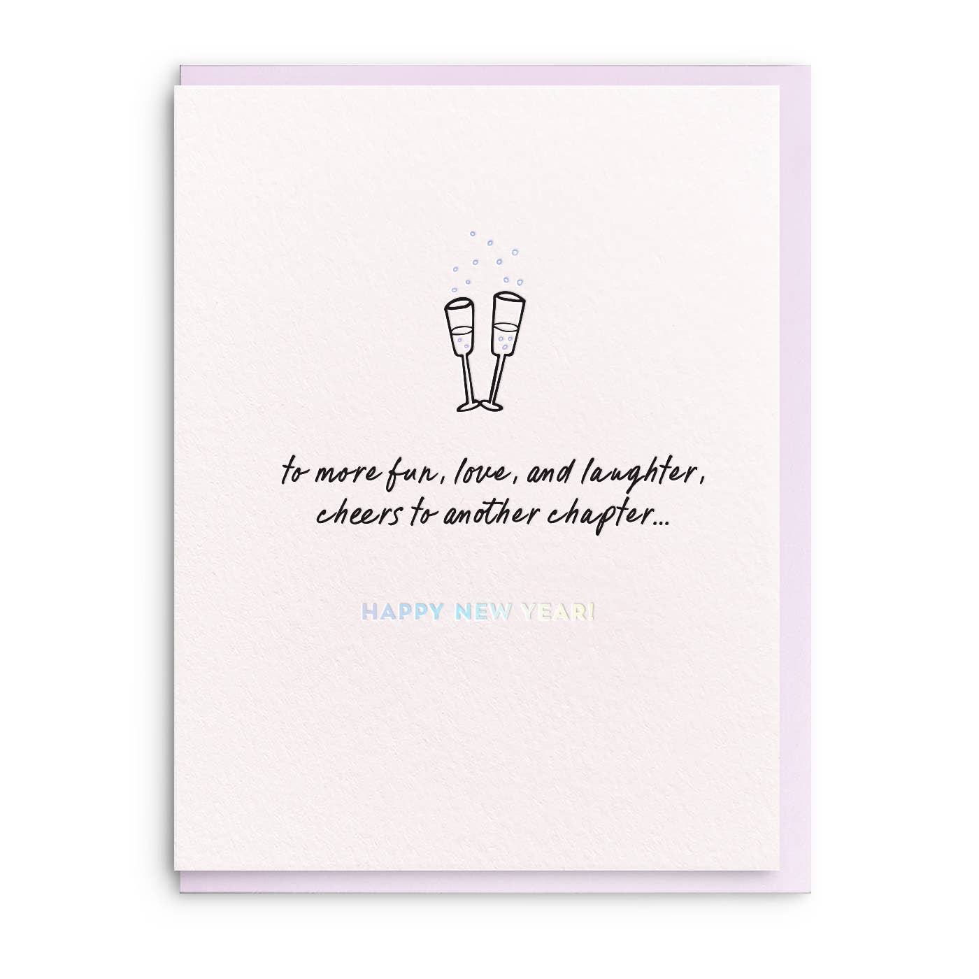 A foil letterpress greeting card with a New Year's theme, featuring text, a graphic of two champagne glasses, and holographic elements on a purple background