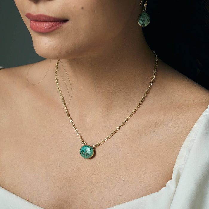 Gold Plated Necklace with Semi-Precious Stone - Turquoise