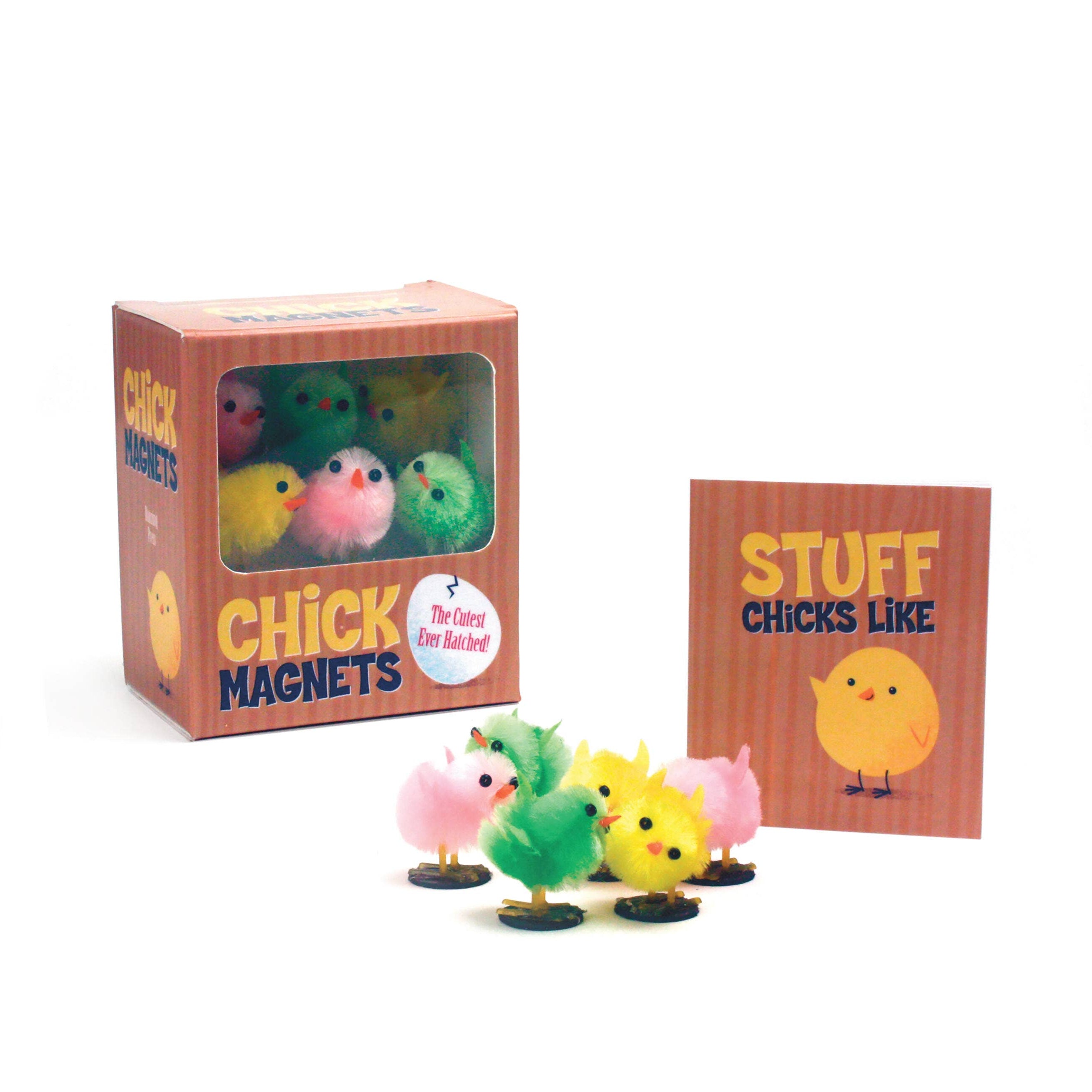 Colorful chick magnets with packaging on a white background