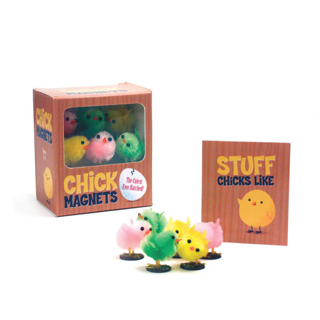 Colorful chick magnets with packaging on a white background