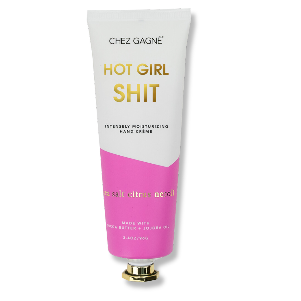 Hand cream tube with 'Hot Girl Shit' text on a white background