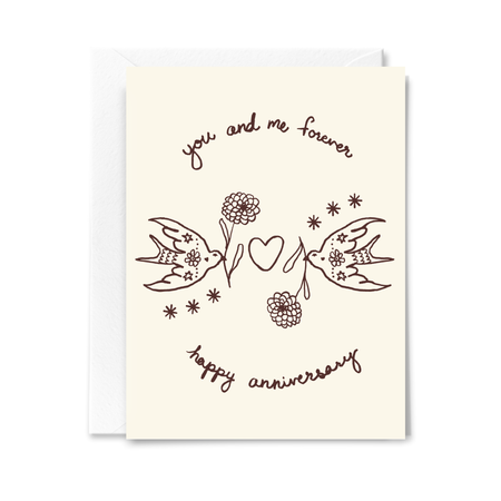 Greeting card with line drawings of birds, flowers, and hearts on a beige background