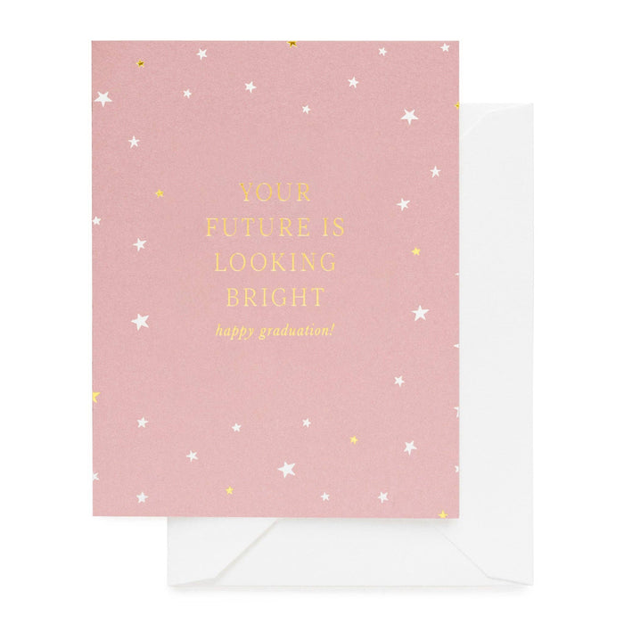 Graduation card with 'Your future is looking bright' text on a pink background with stars.