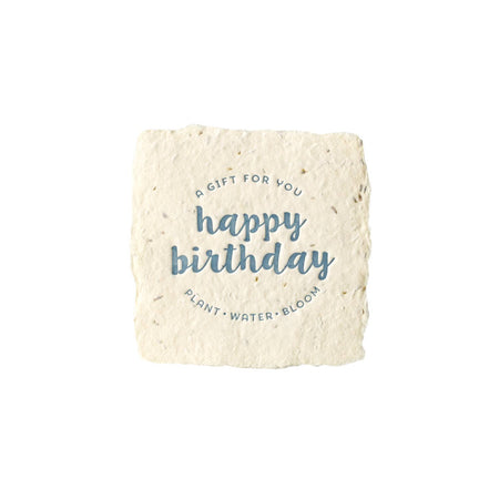 Square plantable gift card with 'Happy Birthday' text on a white background