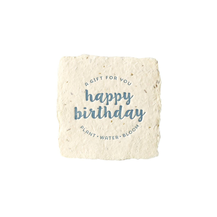 Square plantable gift card with 'Happy Birthday' text on a white background