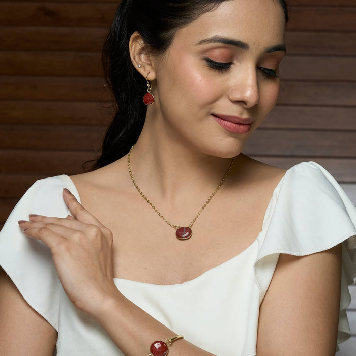 Gold Plated Necklace with Semi-Precious Stone - Red Jasper
