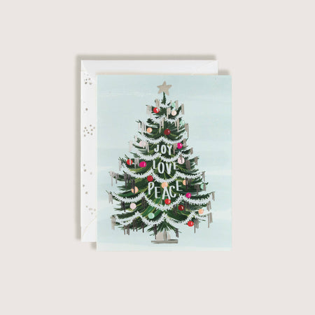 Christmas card with a decorated tree and 'Joy Love Peace' text on a light blue background.