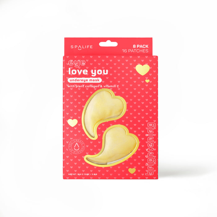 Pack of eye love you undereye masks with gold patches on a pink heart-patterned background