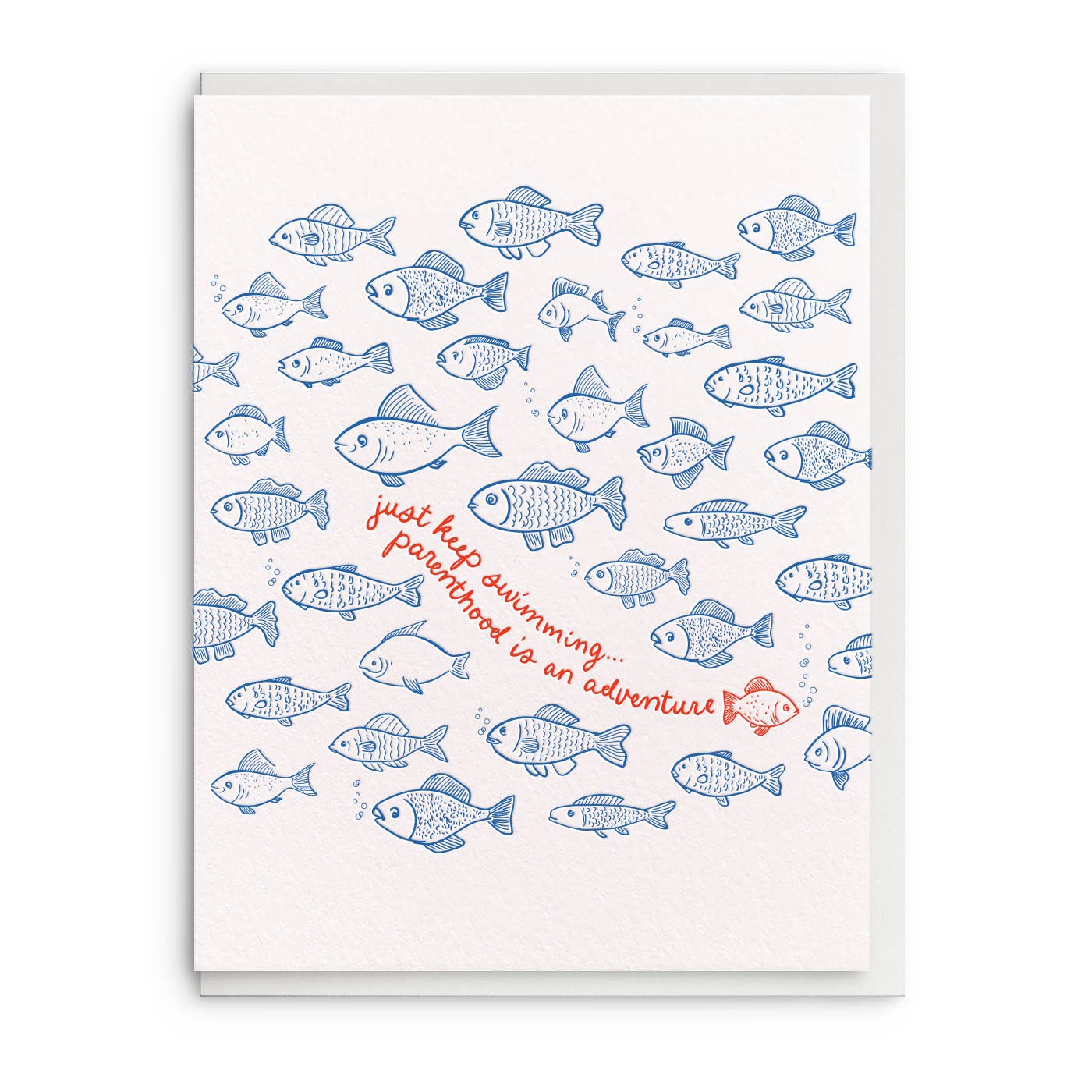 card with blue fish illustrations and red text on a white background