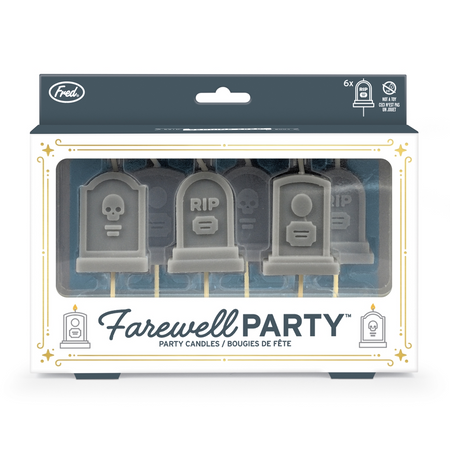 Packaging of 'Farewell Party' party candles with gray tombstone-shaped candles on a white background.