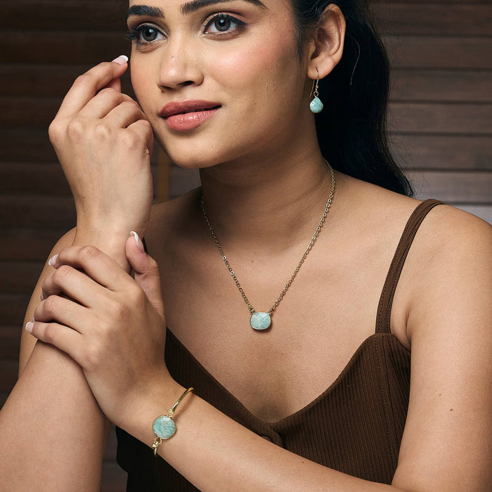 Gold Plated Necklace with Semi-Precious Stone - Amazonite