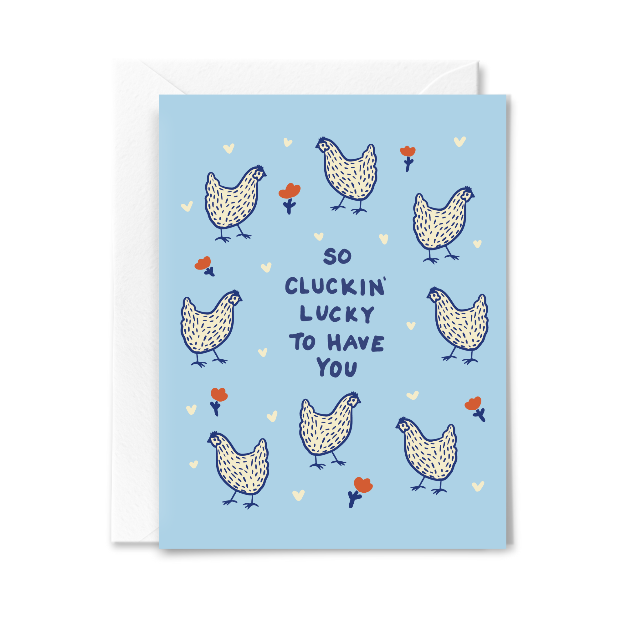 Greeting card with chicken illustrations and text on a blue background