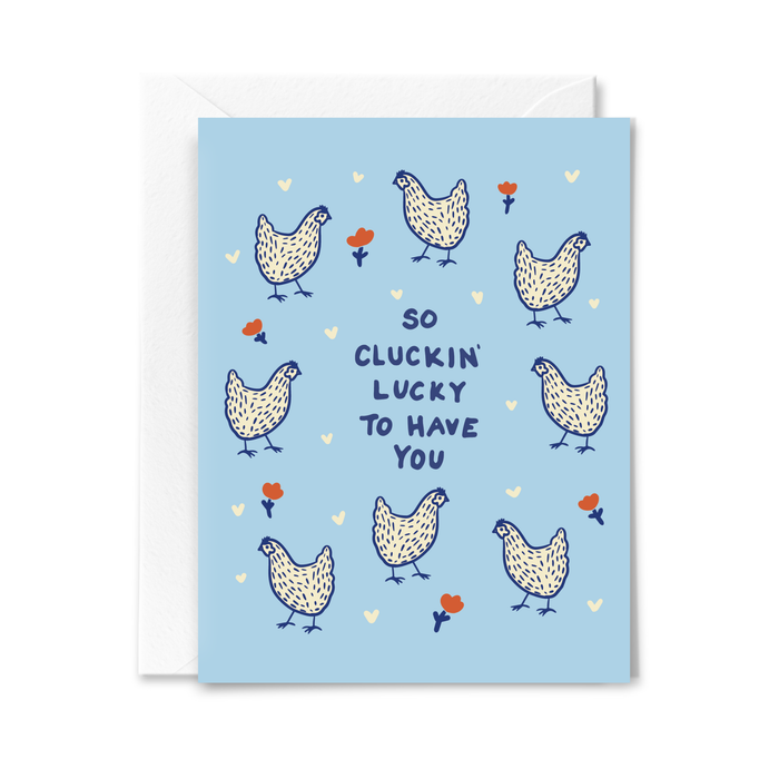 Greeting card with chicken illustrations and text on a blue background