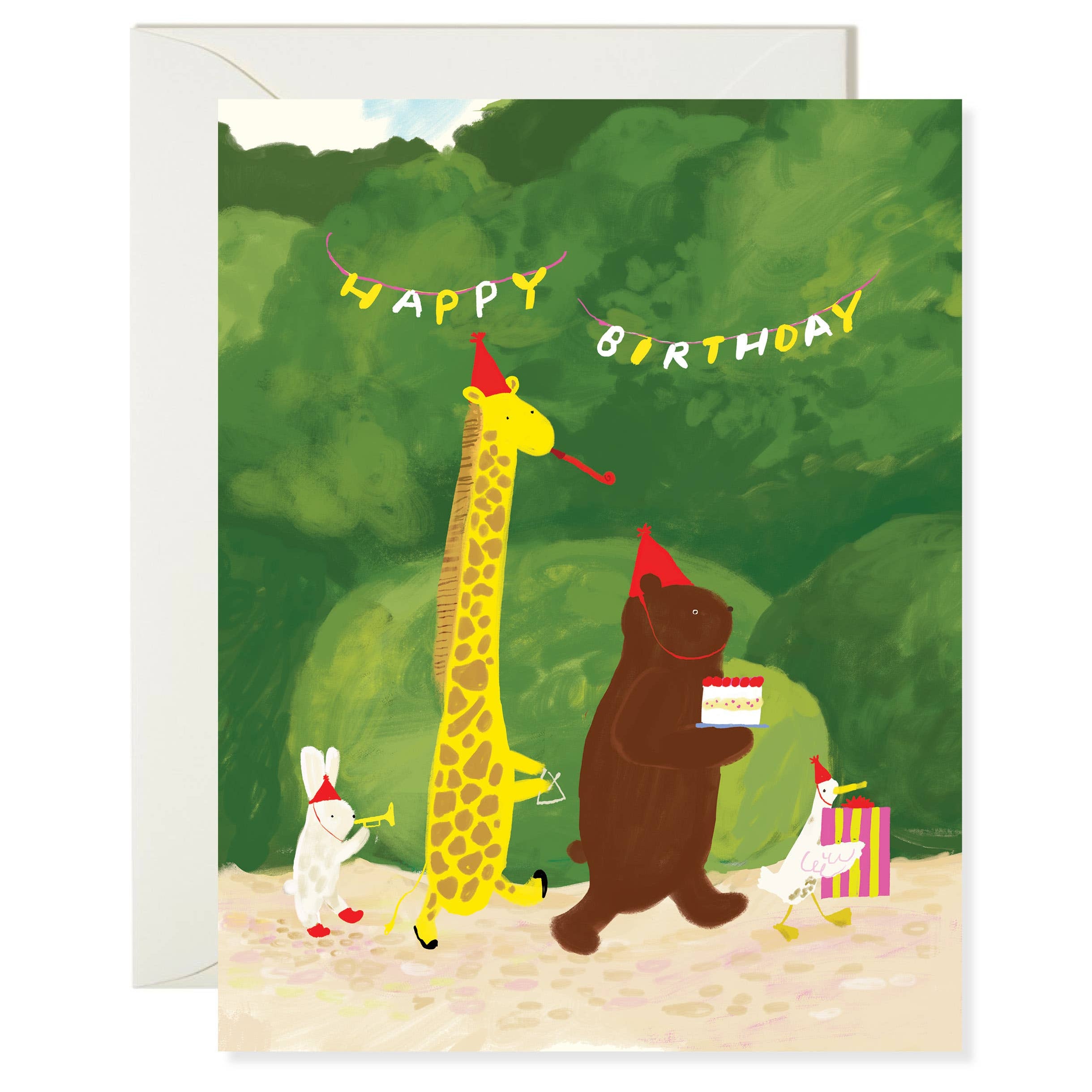 Birthday card with animals celebrating a birthday, featuring a giraffe and bear with party hats and a cake.