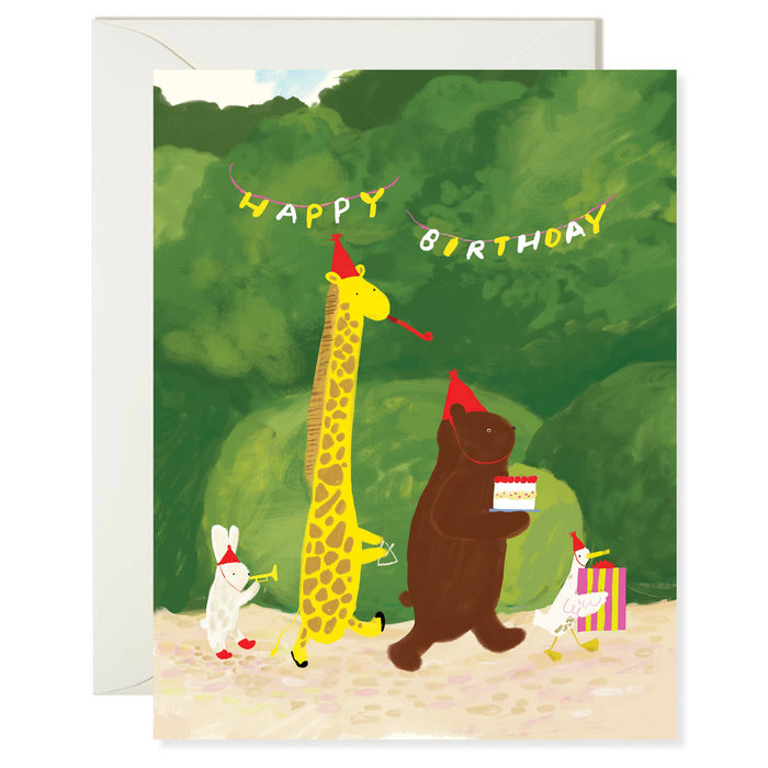 Birthday card with animals celebrating a birthday, featuring a giraffe and bear with party hats and a cake.