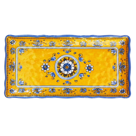 Decorative rectangular plate with yellow background and blue floral patterns on a white background