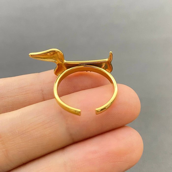 18K Gold Plated S.Steel Adjustable Dachshund Dog Ring - FGS