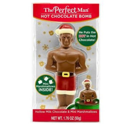 Hot chocolate bomb packaging shaped like a man, with 'The Perfect Man' branding.